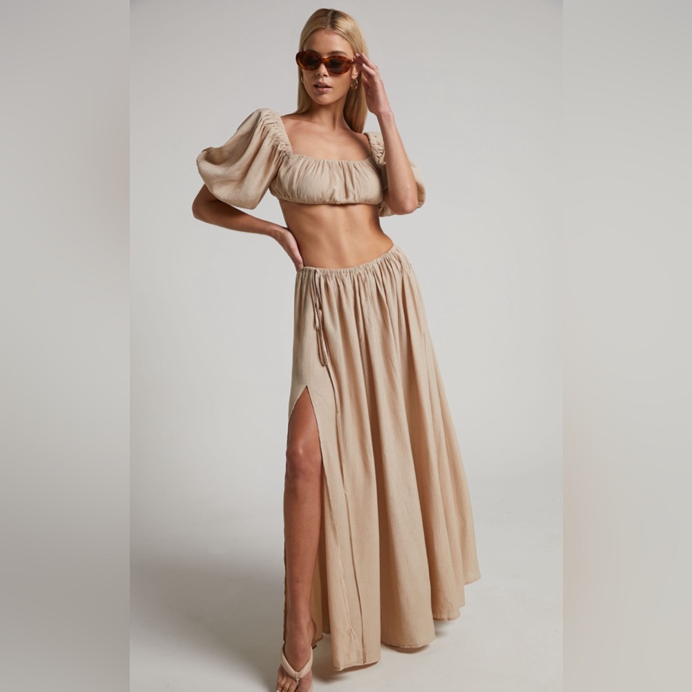 Showpo Dhalia maxi skirt and matching crop top set tan US 4 small